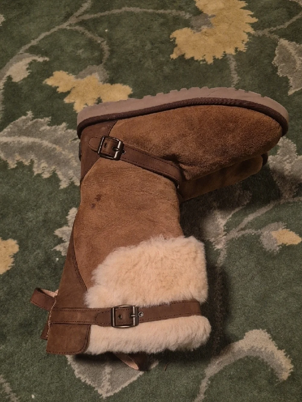 UGG Brown Suede Shearling Winter Boots with Cream Cuff